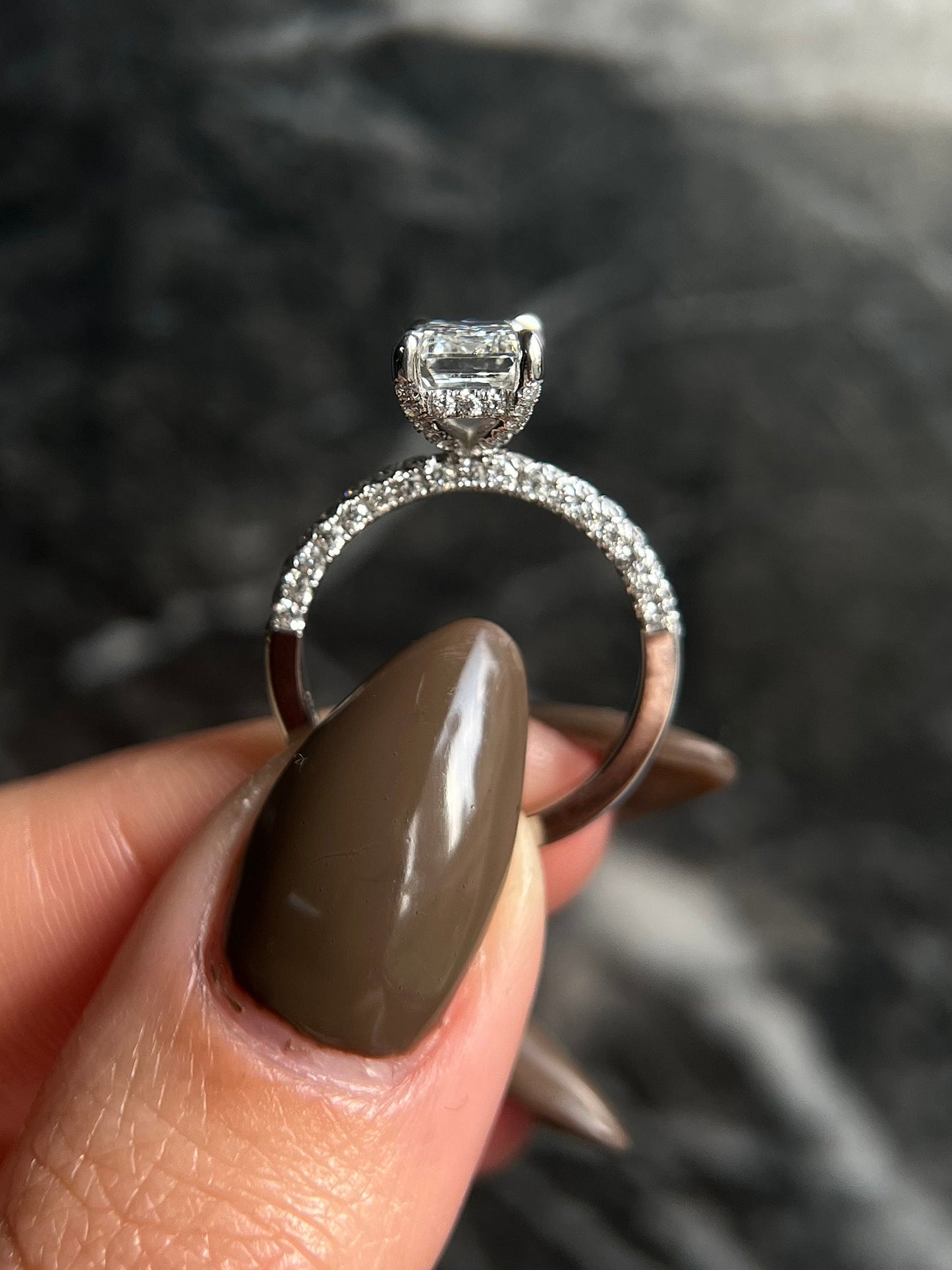 Emerald Cut 2.1 carat F Color VVS2 Clarity IGI Certified Lab Grown Diamond Hidden Halo Engagement Ring, 3 Rows Side Diamonds