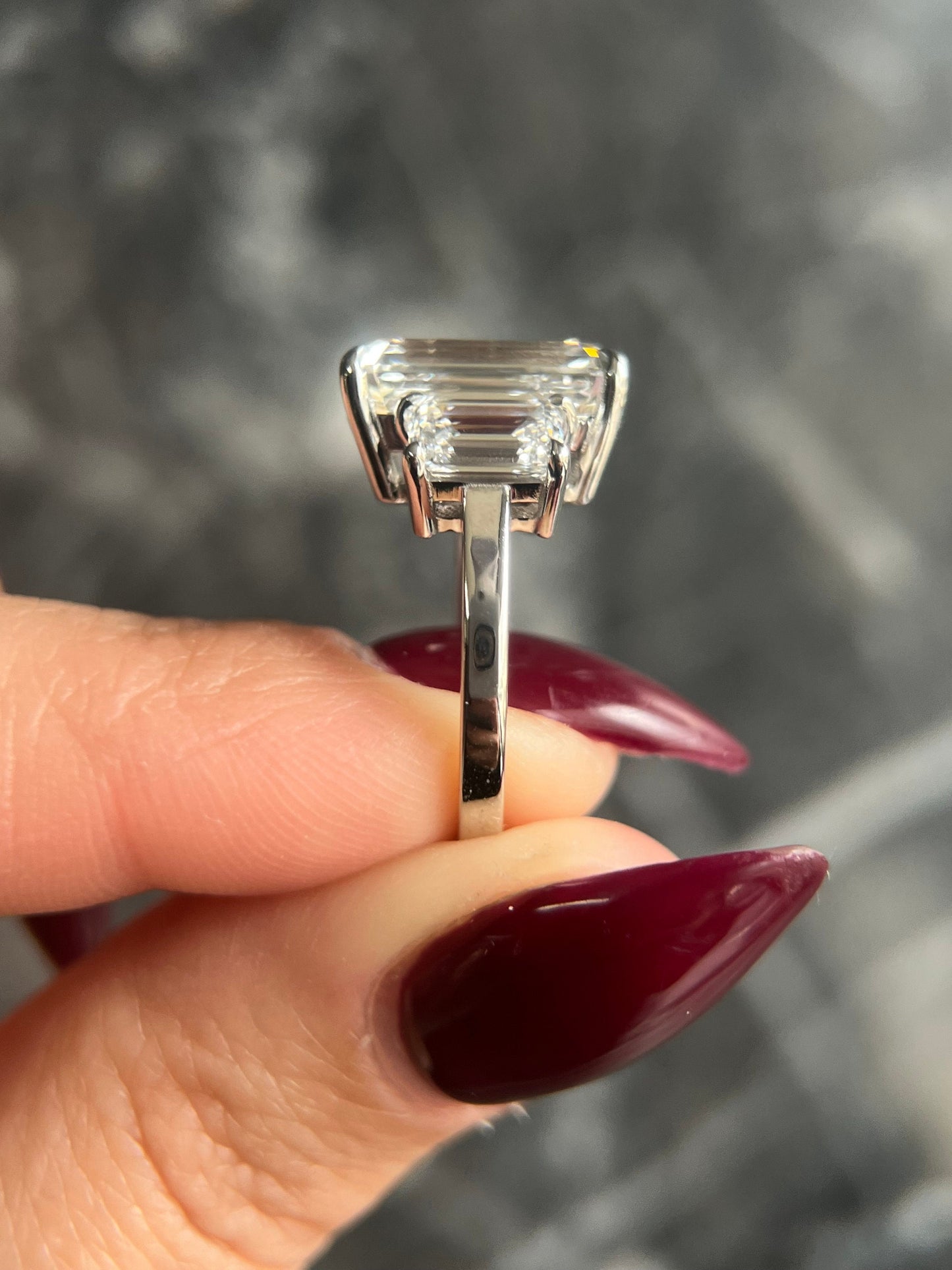 Emerald Cut 7.5 carat E Color VVS2 IGI Certified  Lab  Grown Diamond Three Stone Engagement Ring Gold Classic Traditional Style