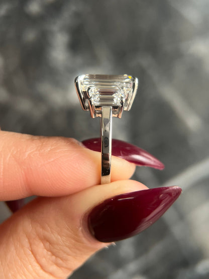 Emerald Cut 7.5 carat E Color VVS2 IGI Certified  Lab  Grown Diamond Three Stone Engagement Ring Gold Classic Traditional Style