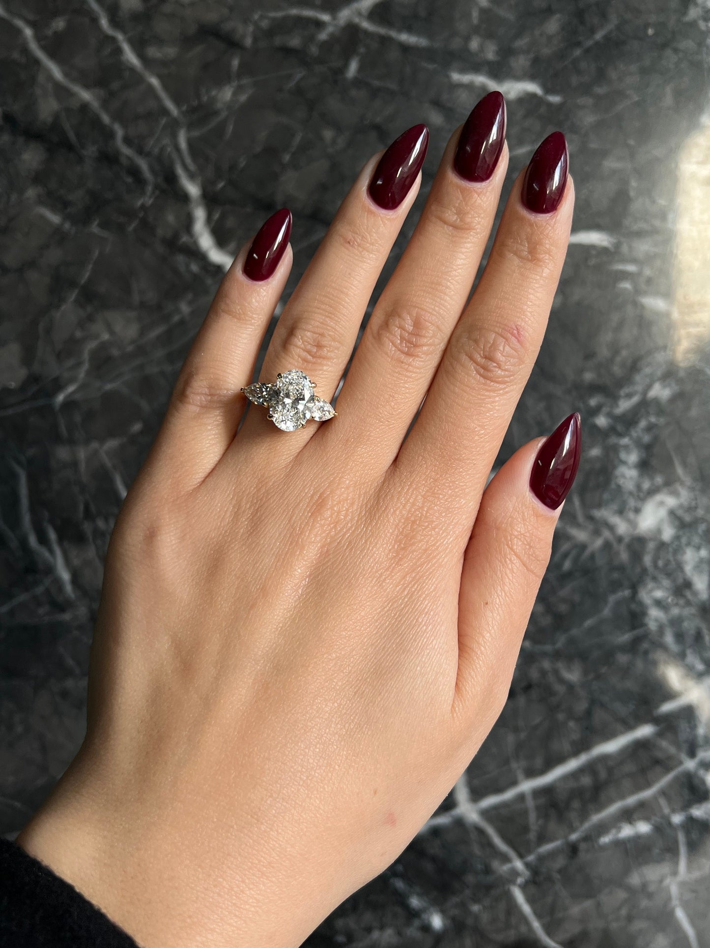 Oval Cut 6 carat F Color VS1 Clarity IGI Certified Lab Created Diamond Three Stone Engagement Ring, Side Pear Diamonds, Handmade Solid Gold