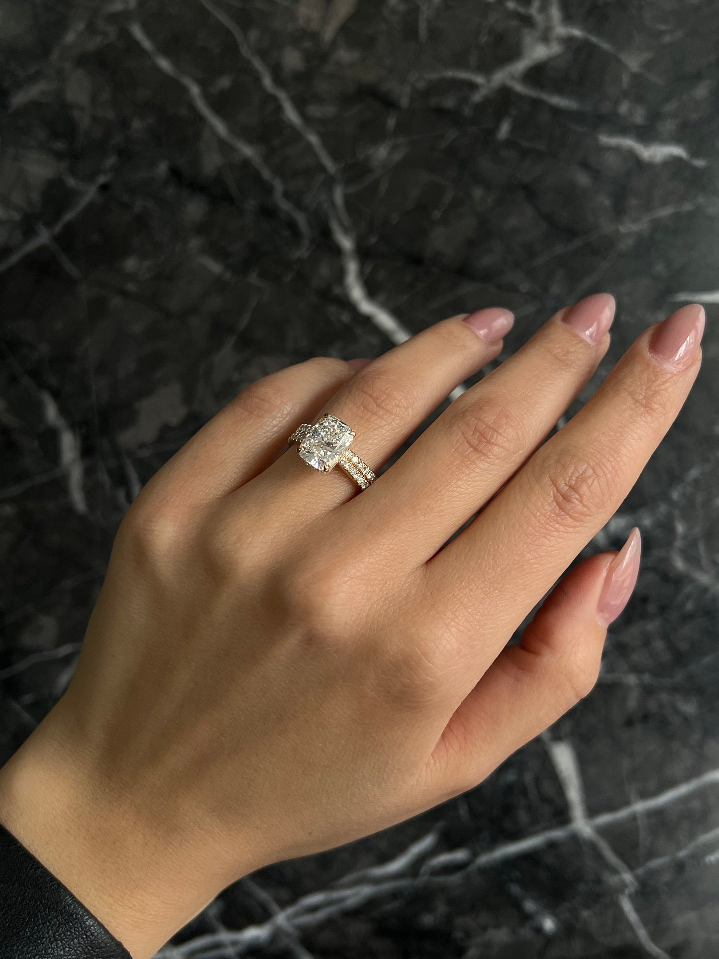 Elongated Cushion Cut 3.5 Carat IGI Certified F Color VS1 Clarity Lab Grown Diamond Hidden Halo Engagement Ring Set & Matching Round Band
