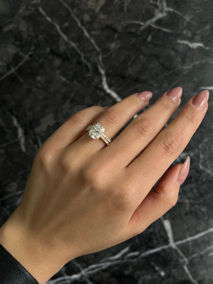 Elongated Cushion Cut 3.5 Carat IGI Certified F Color VS1 Clarity Lab Grown Diamond Hidden Halo Engagement Ring Set & Matching Round Band