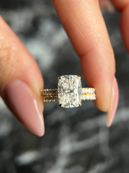 Elongated Cushion Cut 3.5 Carat IGI Certified F Color VS1 Clarity Lab Grown Diamond Hidden Halo Engagement Ring Set & Matching Round Band