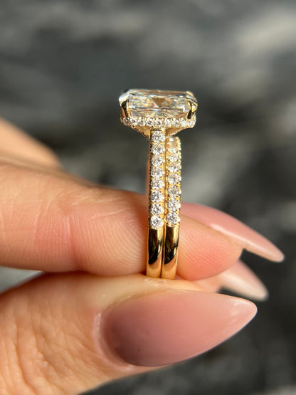 Elongated Cushion Cut 3.5 Carat IGI Certified F Color VS1 Clarity Lab Grown Diamond Hidden Halo Engagement Ring Set & Matching Round Band