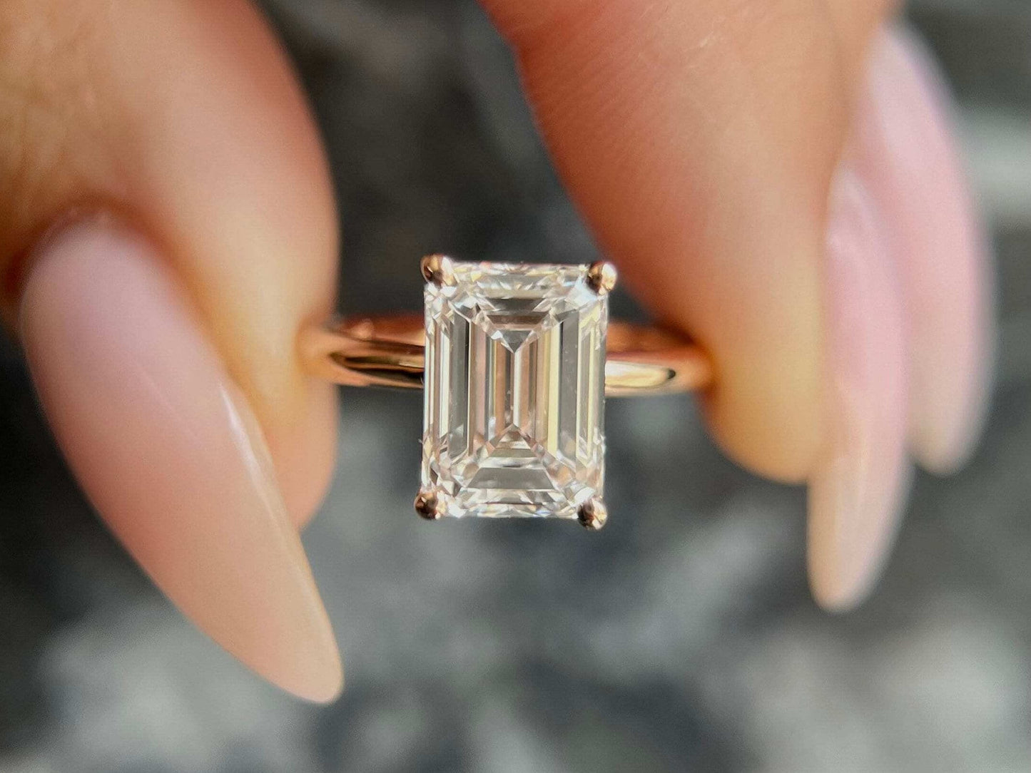 Emerald Cut 3 carat IGI Certified Lab Grown Diamond with G Color and VVS2 Clarity, Solitaire Engagement Ring Handmade of Gold