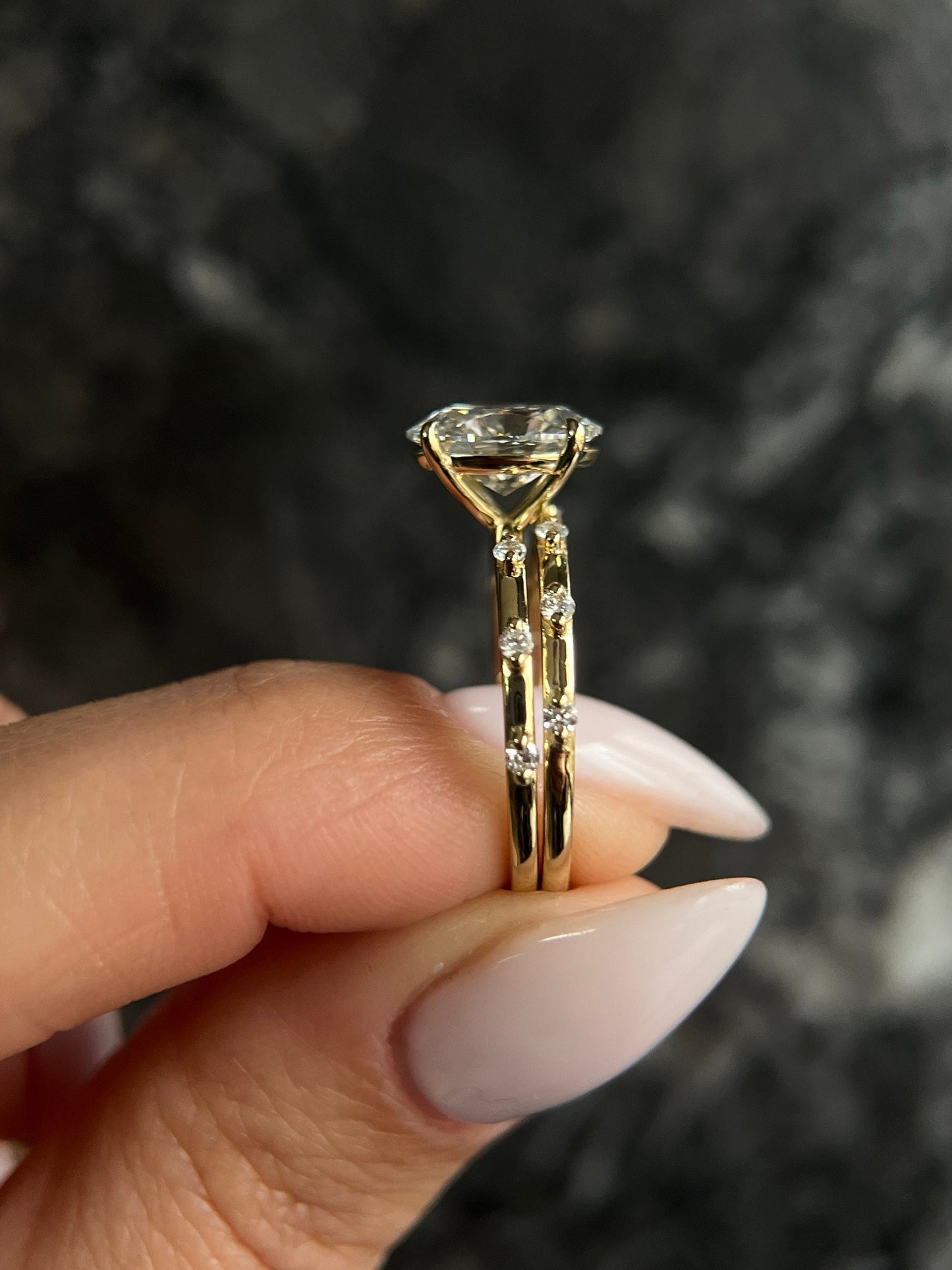 Thin Dainty Engagement Ring Set Oval Cut 2.2 Carat IGI Certified F Color VS1 Clarity Lab Grown Diamond Engagement Ring & Matching Band