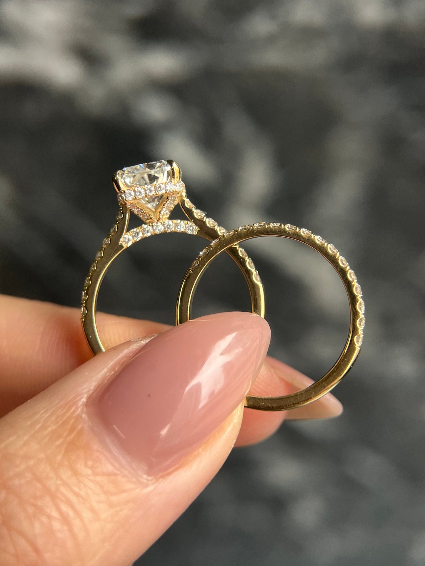 Elongated Cushion Cut 3.5 Carat IGI Certified F Color VS1 Clarity Lab Grown Diamond Hidden Halo Engagement Ring Set & Matching Round Band