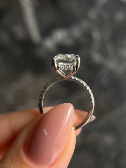 Emerald Cut 5.35 carat IGI Certified E Color VVS2 Clarity Lab Grown Diamond Hidden Halo Engagement Ring, Round Cut Side Diamonds