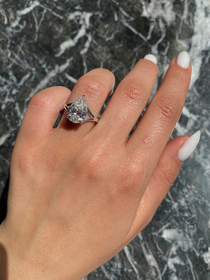 Pear Cut 3 Carat F Color VS1 Clarity IGI Certified Lab Grown Diamond Solitaire Split Shank Engagement Ring 14k Gold 3 Prongs