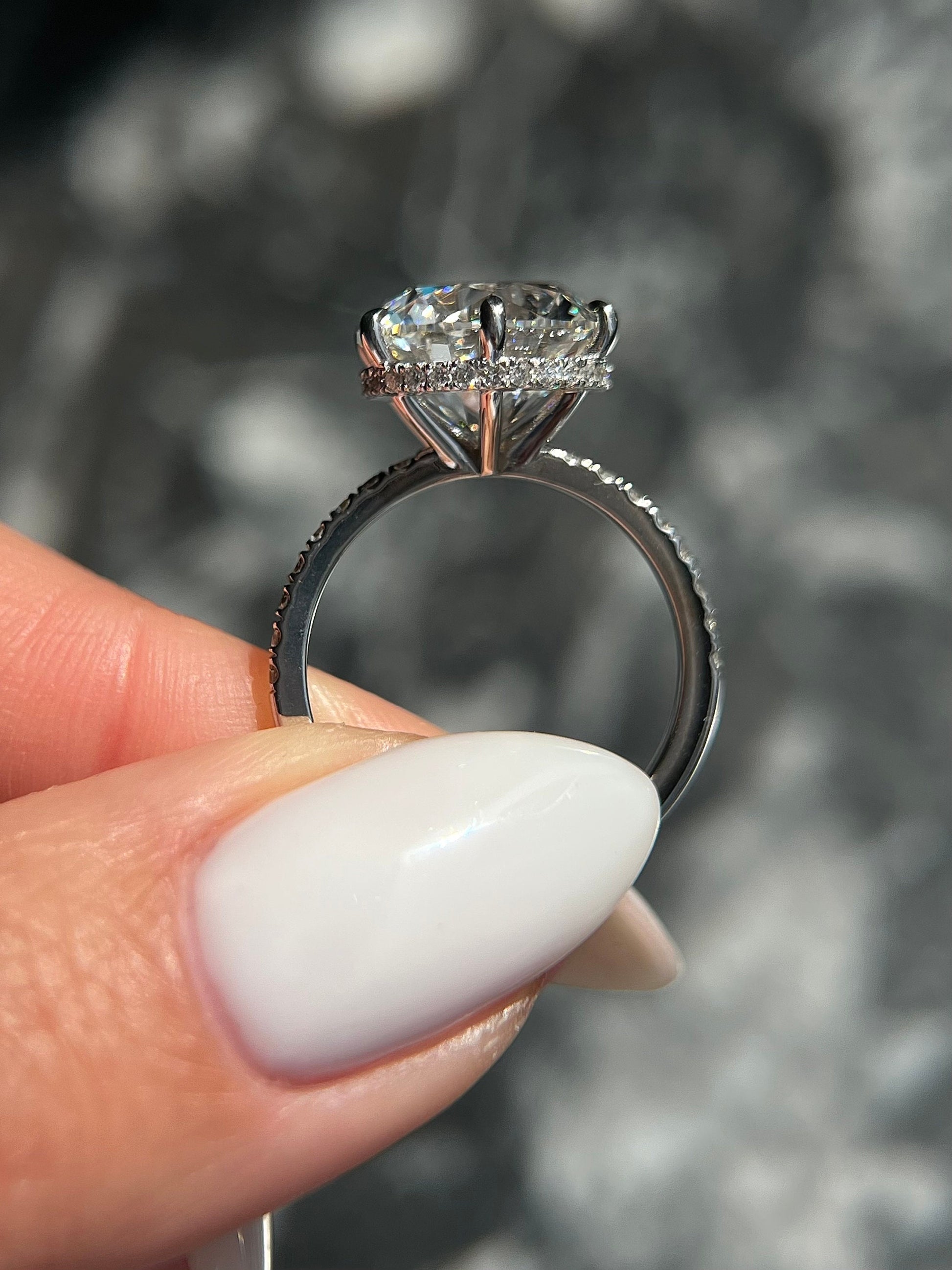 HUGE Round Ideal Cut 6.35 carat E Color VS1 Clarity IGI Certified Lab Grown Diamond Hidden Halo Engagement Ring Side Round Diamonds 18k Gold