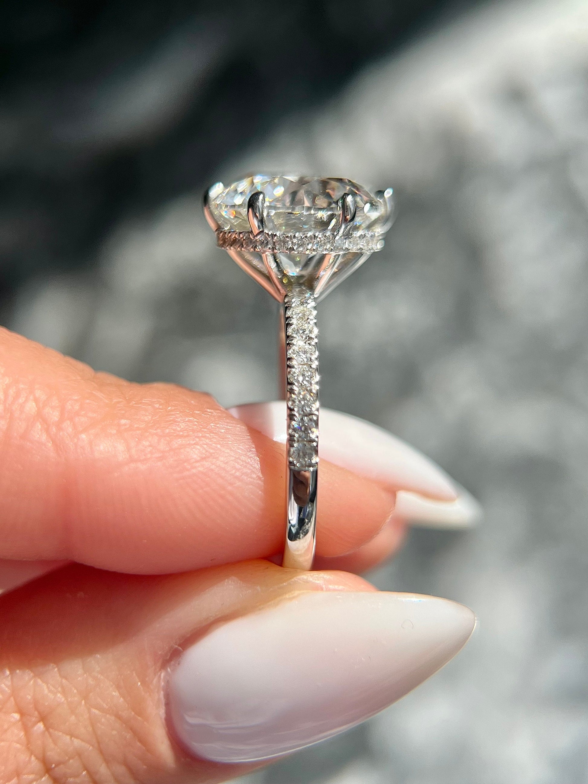 HUGE Round Ideal Cut 6.35 carat E Color VS1 Clarity IGI Certified Lab Grown Diamond Hidden Halo Engagement Ring Side Round Diamonds 18k Gold