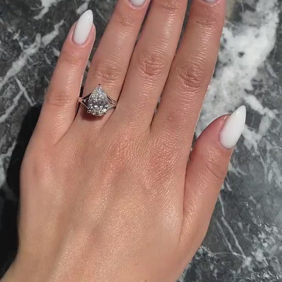 Pear Cut 3 Carat F Color VS1 Clarity IGI Certified Lab Grown Diamond Solitaire Split Shank Engagement Ring 14k Gold 3 Prongs
