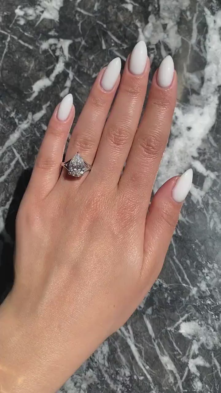 Pear Cut 3 Carat F Color VS1 Clarity IGI Certified Lab Grown Diamond Solitaire Split Shank Engagement Ring 14k Gold 3 Prongs