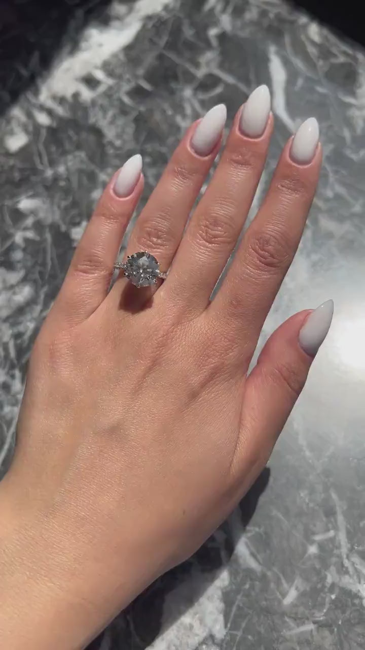 HUGE Round Ideal Cut 6.35 carat E Color VS1 Clarity IGI Certified Lab Grown Diamond Hidden Halo Engagement Ring Side Round Diamonds 18k Gold